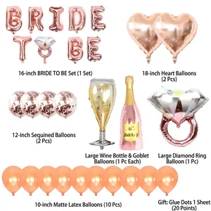 Rose gold Bride to Be balloon set with diamond ring, champagne bottle and confetti balloons