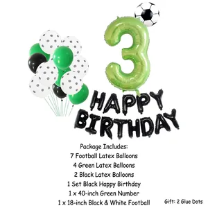 Soccer theme 3rd birthday party balloon set with green number 3 and foil footballs