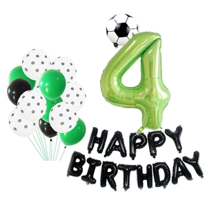Soccer themed 4th birthday decoration set with green number balloon and soccer foils
