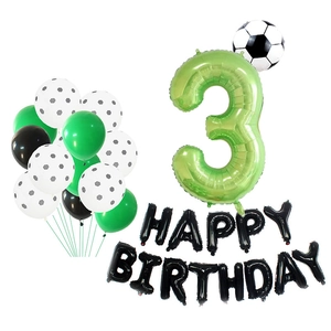 Soccer theme 3rd birthday party balloon set with green number 3 and soccer foil balloons