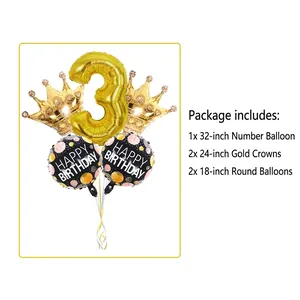 Kit de ballons couronne dorée et chiffre 3 pour décoration de fête d'anniversaire