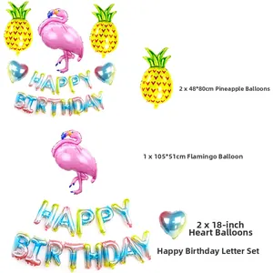 Liste montrant les ballons flamant rose, ananas et cœur avec dimensions de fête