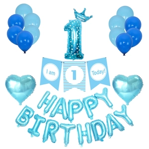 Blue and white 1st birthday party decoration set with Prince balloon and banners
