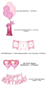 Pink 1st birthday party set with crown number 1 balloon and I am one today banner