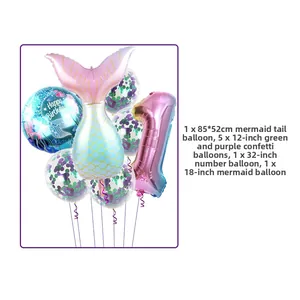 Detailed set of mermaid tail balloon with number 1 and colorful sequin balloons