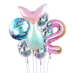 Mermaid Theme Birthday Balloon Rainbow Gradient Foil Digit Balloon With Confetti Latex Balloons For Girls Princess Party Decoration