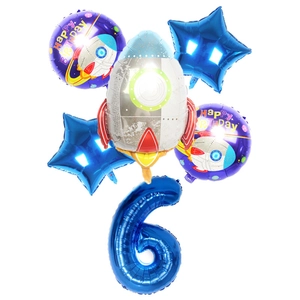 Detail view of 6-piece astronaut themed birthday balloon set with silver rocket and blue number 6