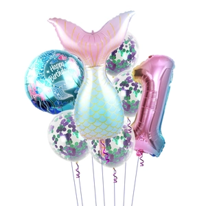 Mermaid birthday party balloon set with gradient tail and pink number 1 balloon