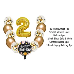 32-inch gold number 2 balloon set with metallic latex and gold confetti for 2nd birthday party