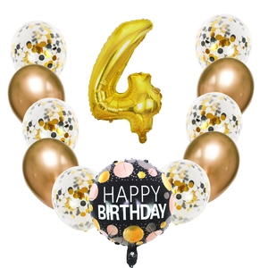 Golden number 4 balloon set with black Happy Birthday foil and gold sequins