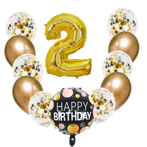 Gold number 2 balloon set with black glitter sequins for 2nd birthday party decoration