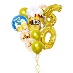 Kit déco 60e anniversaire avec ballons chiffres dorés et ballon chope de bière