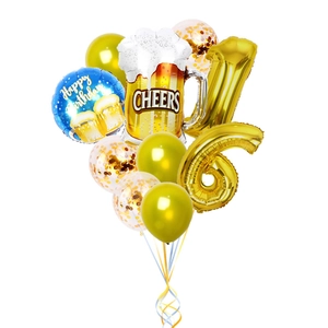 Kit ballons 16 ans avec chiffres dorés, chope de bière et ballons à paillettes dorées