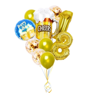 Kit ballons 18 ans avec chiffre 18 doré et ballons aluminium en forme de bière