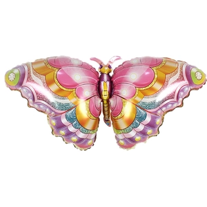 Pink and blue butterfly foil balloon with glitter texture for birthday party decoration