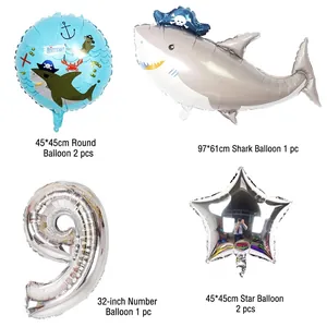 Shark theme party balloon set with silver number 9 and shark shape foil balloons