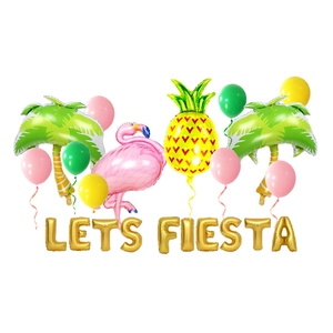 Détail du kit de ballons LETS FIESTA avec flamant, ananas, palmier et ballons en latex