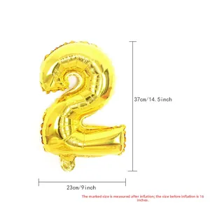 Ballon chiffre 2 doré en aluminium 16 pouces pour fête d'anniversaire, taille 37x23 cm
