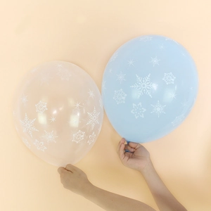 Light blue and clear 12-inch latex balloons with white snowflake prints for Christmas party