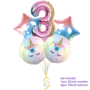 Detailed set of 32 inch gradient number 3 balloon with unicorn and star foil balloons