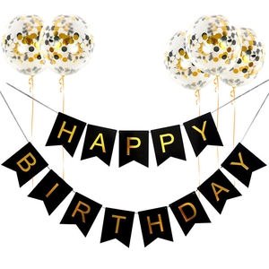 Kit striscione Happy Birthday nero e oro con palloncini in lattice con coriandoli