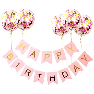 Set striscione Happy Birthday rosa e oro con palloncini coriandoli per feste
