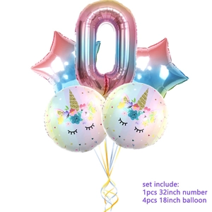 32-inch rainbow gradient number 0 unicorn balloon set with 18-inch stars and rounds