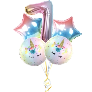7th birthday unicorn balloon set with gradient number 7 and star foil balloons