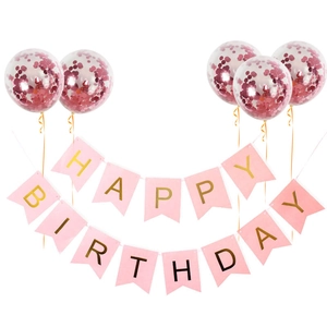Set striscione rosa Happy Birthday e 5 palloncini con coriandoli per festa di compleanno