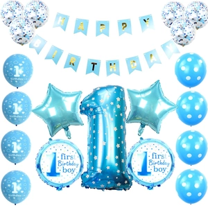 Kit déco premier anniversaire bleu avec grand chiffre 1 et bannière Happy Birthday