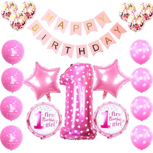 Pink first birthday balloon kit with number 1 foil balloon and happy birthday banner
