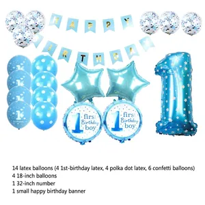 Kit déco 1er anniversaire bleu avec ballon chiffre 1 de 32 pouces et confettis