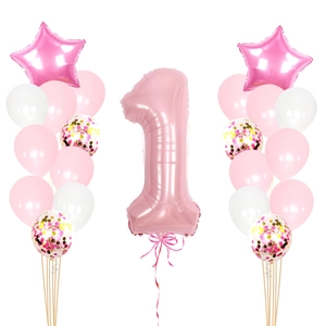 Pink number 1 balloon set with star foils and confetti latex balloons for baby girl birthday