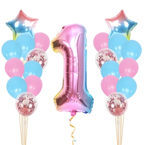 Detail of gradient rainbow number 1 foil balloon with star balloons and confetti latex balloons
