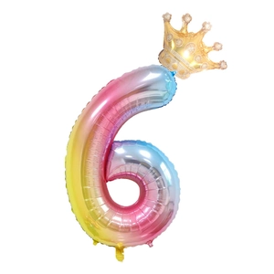 40 inch rainbow gradient number 6 foil balloon with golden crown for birthday parties
