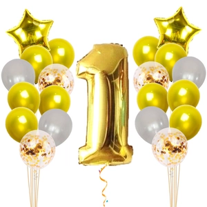 Rose gold number 1 balloon set with confetti and star balloons for 1st birthday party decor
