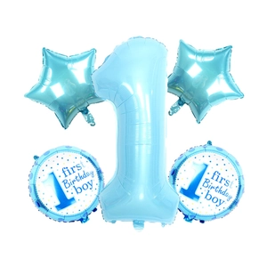 5-piece light blue 1st birthday balloon set with 32 inch number 1 and star foil balloons