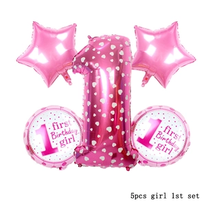 5-piece pink 1st birthday balloon set with 32-inch number 1 and star-shaped foil balloons