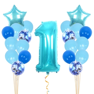 Blue 1st birthday balloon set with number 1 foil, stars and confetti latex balloons