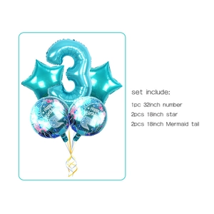 5pcs blue mermaid balloon set with 32 inch number 3 and foil stars for 3rd birthday