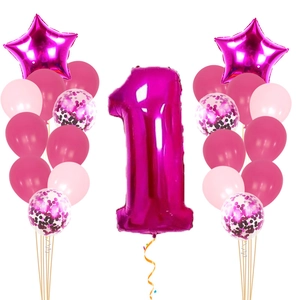 Detail view of 1st birthday balloon set with pink number one and confetti latex balloons