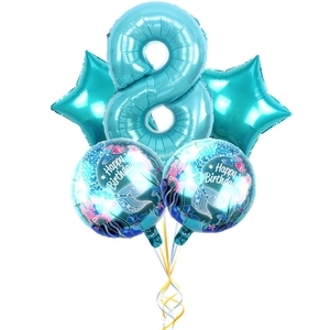 Detail of mermaid themed balloon set with blue number 8 and star foil balloons