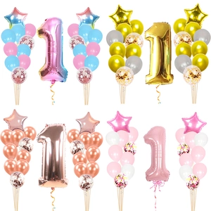 1st Birthday Balloon Gradient Rose Gold Number One Foil Balloon Baby Shower Party Decor Latex Confetti Balloons