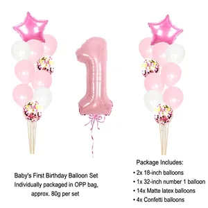 Rose gold 1st birthday balloon set with pink number 1, star shapes and confetti latex balloons