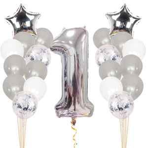 Silver number 1 balloon set with stars and silver confetti latex balloons for baby shower