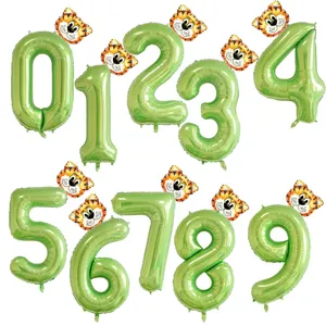 Ballons chiffres 0-9 verts avec têtes de tigre pour fête d'anniversaire jungle