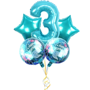 5-piece blue mermaid birthday balloon set with number 3, stars and round balloons