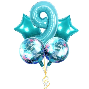 5pcs blue mermaid balloon set featuring large number 9 and foil stars for birthday decor