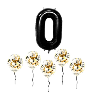 Detail of a large glossy black number 0 foil balloon and 5 confetti latex balloons