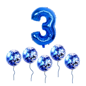 Deep blue number 3 foil balloon set with five matching blue sequin confetti balloons